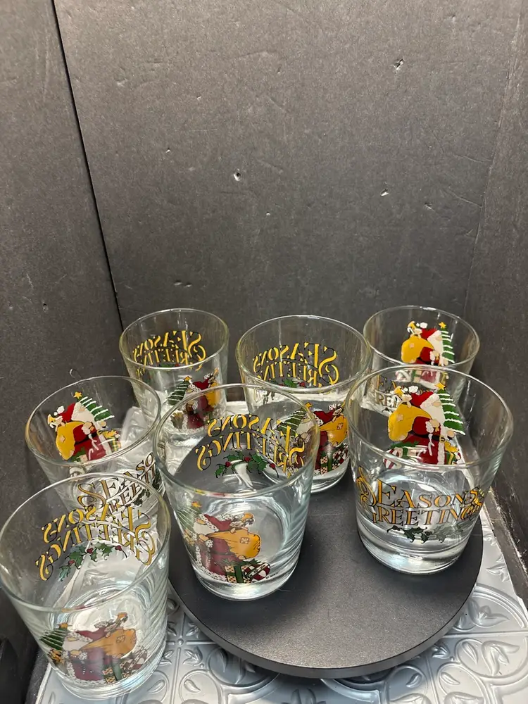 Vintage Double Old Fashioned Liquor Glass AHGC HOLIDAY SANTA Seasons Greetings CHRISTMAS