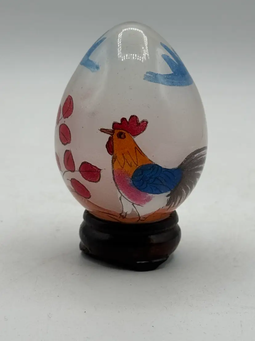 Reverse Painted Egg With Chicken On Stand