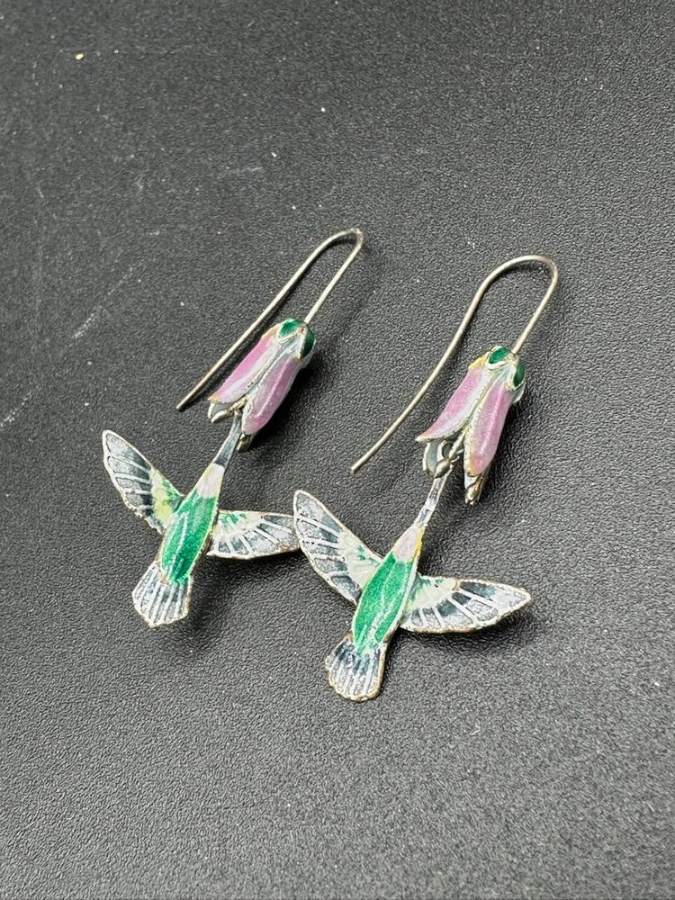 Vintage Hummingbird & Pink Flower Earrings
