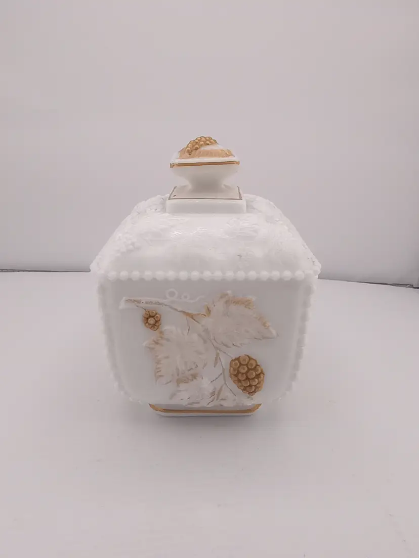 Westmoreland milk glass covered candy dish, gold grape