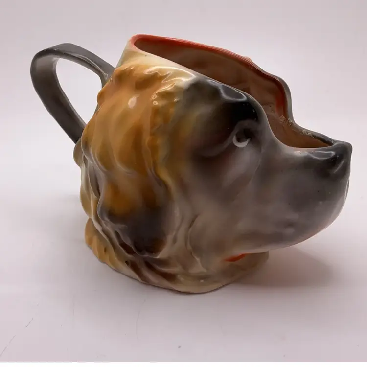 POW3 VTG Royal Bayreuth? St. Bernard Dog Head Creamer Porcelain Handled Pitcher 3.25”