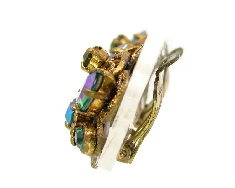 Vintage West Germany Blue Green AB Rhinestone Earrings Filigree Floral Clip On