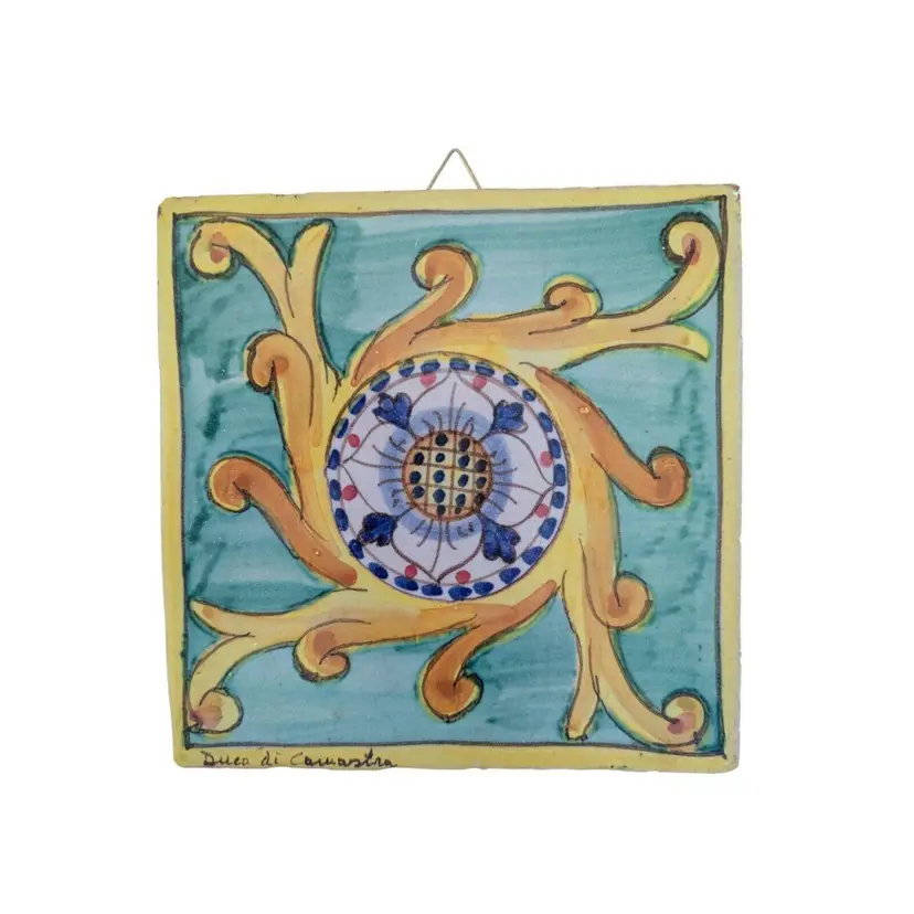 Vintage Duca Di Camastra Terra Cotta Sun Art Tile Hand Painted Italy Signed