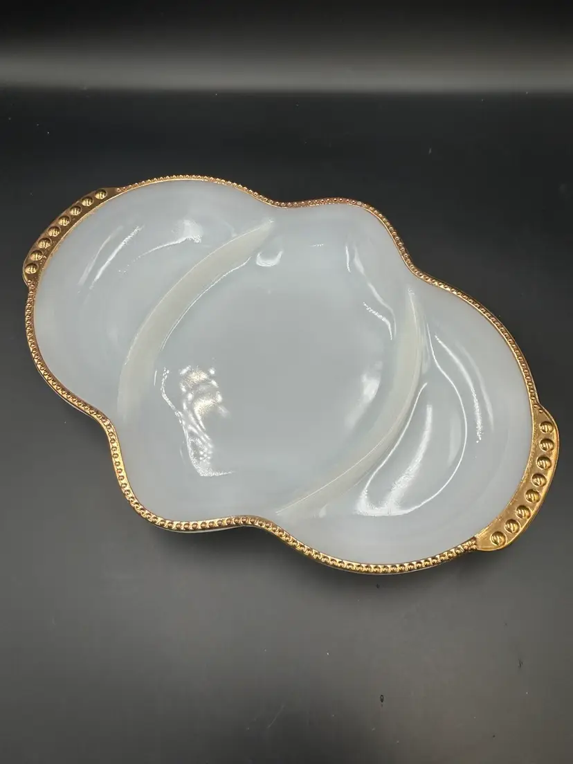 Fire King MCM Vintage White Milk Glass Divided Relish Dish Anchor Hocking Gold Trim
