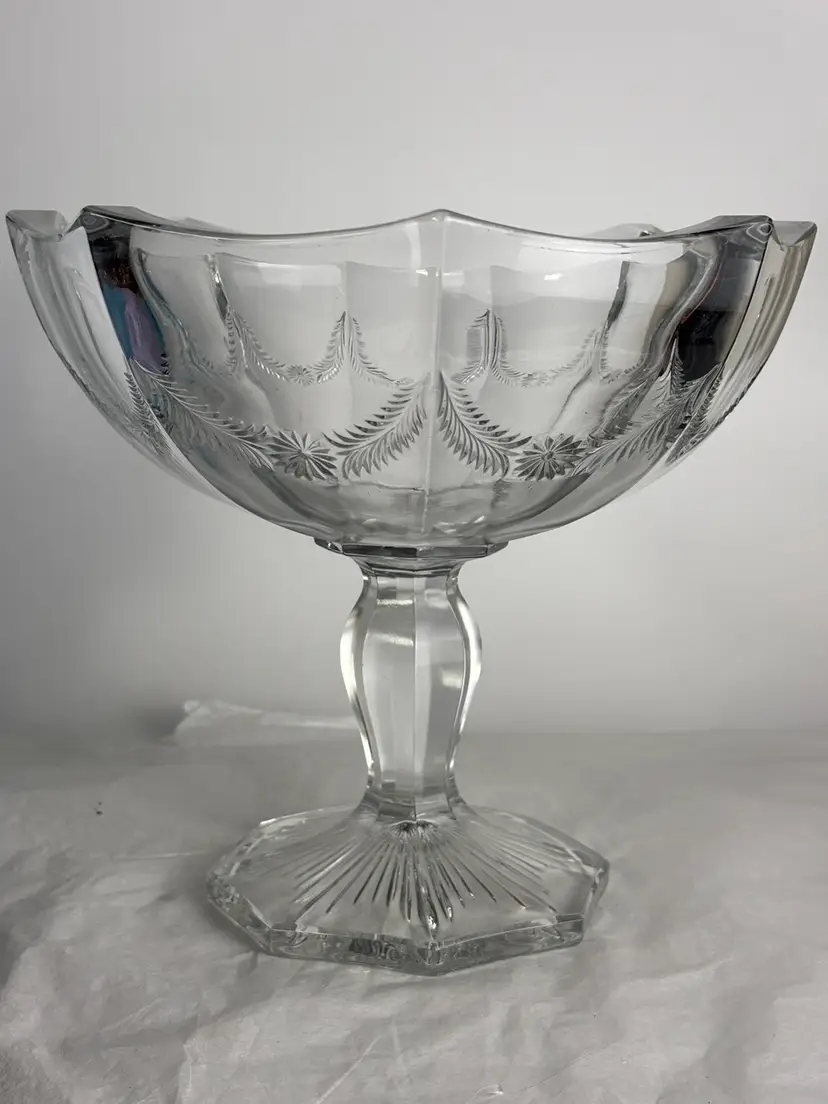 1894's McKee Pressed Pattern Glass Floral & Fern Garland Swag Compote Fruit Bowl 7.5” It Glows!