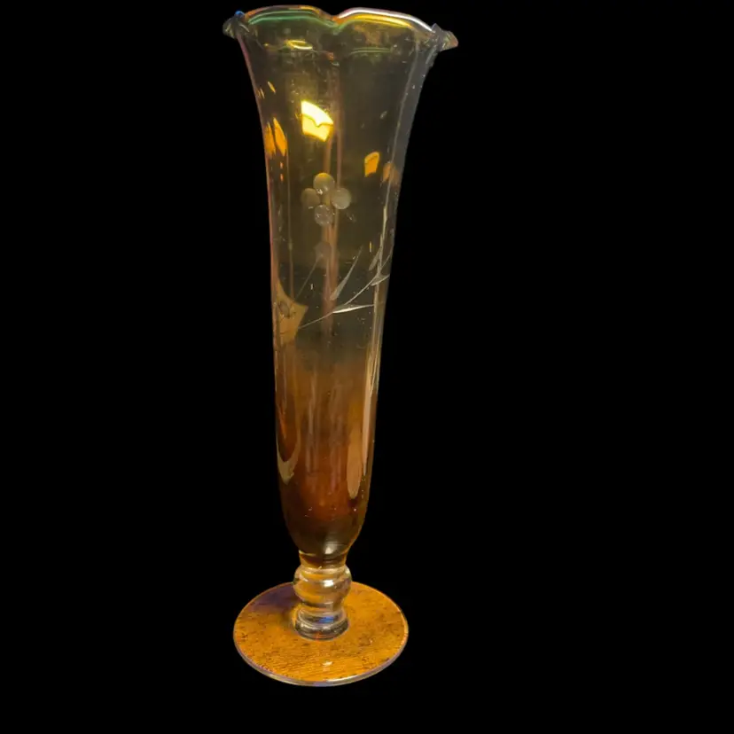 Etched Amber Glass Vase Glows