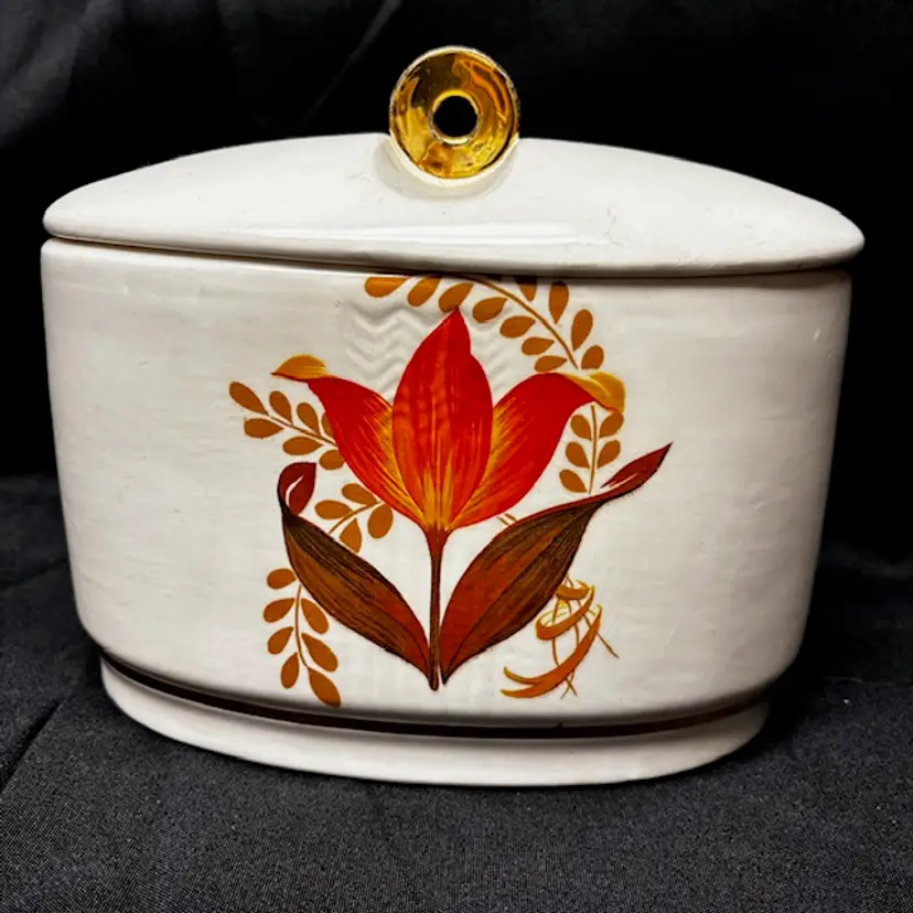 Vintage Bakerite Orange Tulip Oval Canister with Lid