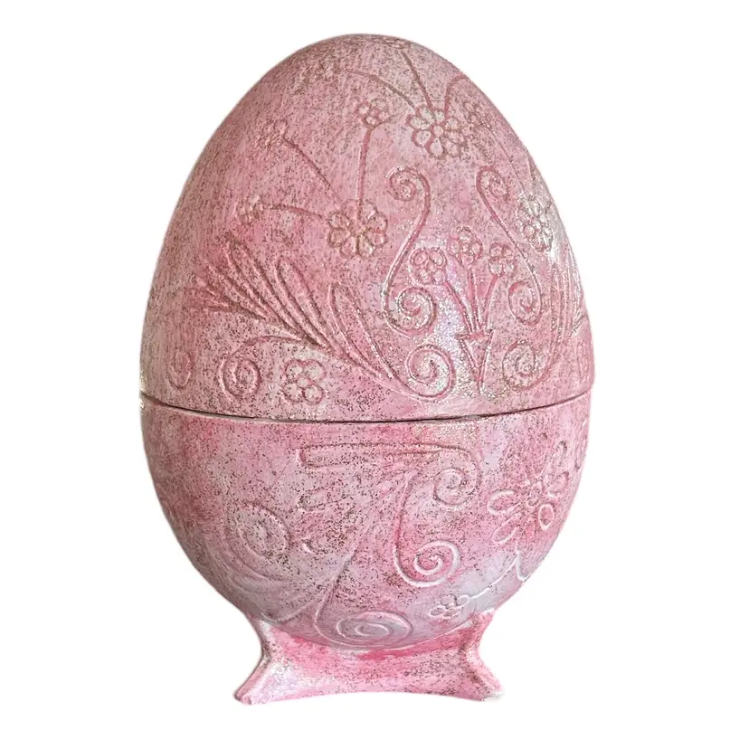 Hand Painted Pink and Gold Accent Ceramic Footed Egg Container with Lid