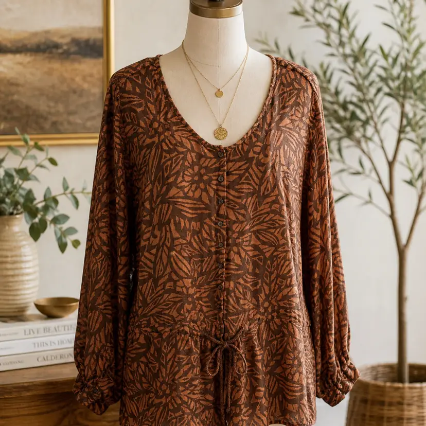 MICHAEL KORS  Plus Size 1X Brown Leaf Print Button-Down Drawstring Waist Tunic Top