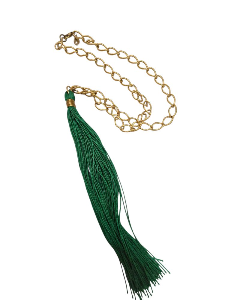 Vintage Signed Bee Charming NOS Green Silk Cord Huge Tassel Link Chain Necklace