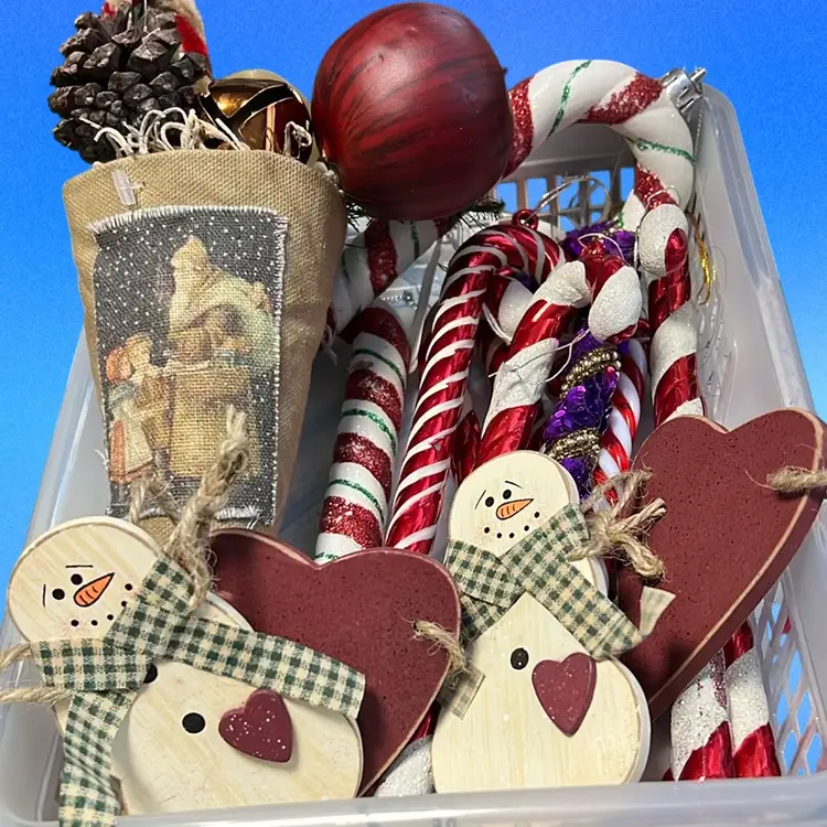 Lot Of 10 Glass & Plastic Candy Canes, Small Primitive Cone, One Small Snowman Swag In A Primitive Basket - Free Shipping