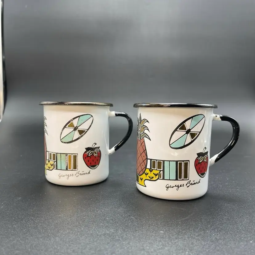 MCM Retro Set of 2 Georges Briard Ambrosia Pineapple Enamelware Mugs Cups