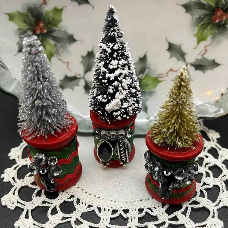 Mini Christmas Village - Artist Painted Candy Dish with Handmade Spool Christmas Trees + VTG Doillie