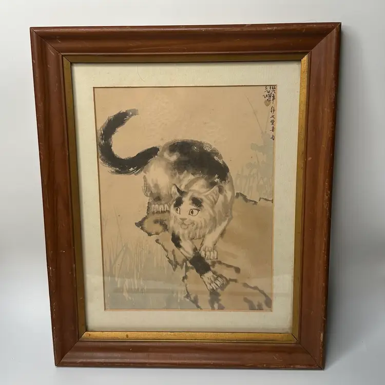 1940 Cat Art Original Wood Frame With Note