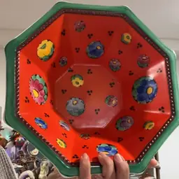 Czechoslovakian Ceramic Octagonal Brightly Multicolor Bowl 11”