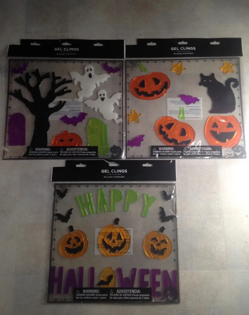 Happy Halloween Gel Clings Jack-o-lantern's Bats Ghosts Black Cat Graveyard, Etc
