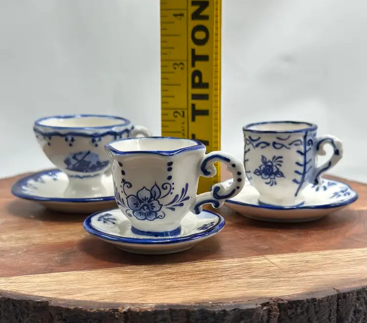 Kurt Adler Mini Delft Tea Cup Ornaments Set Of 3 Display Shelf Sitters