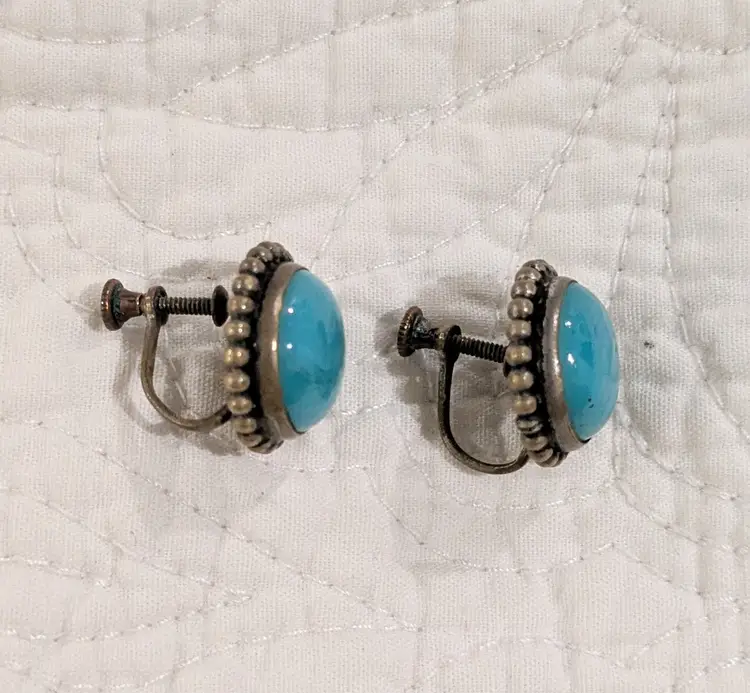 Vintage Brass Round Screw Back Earrings with Turquoise Colored Cabochons