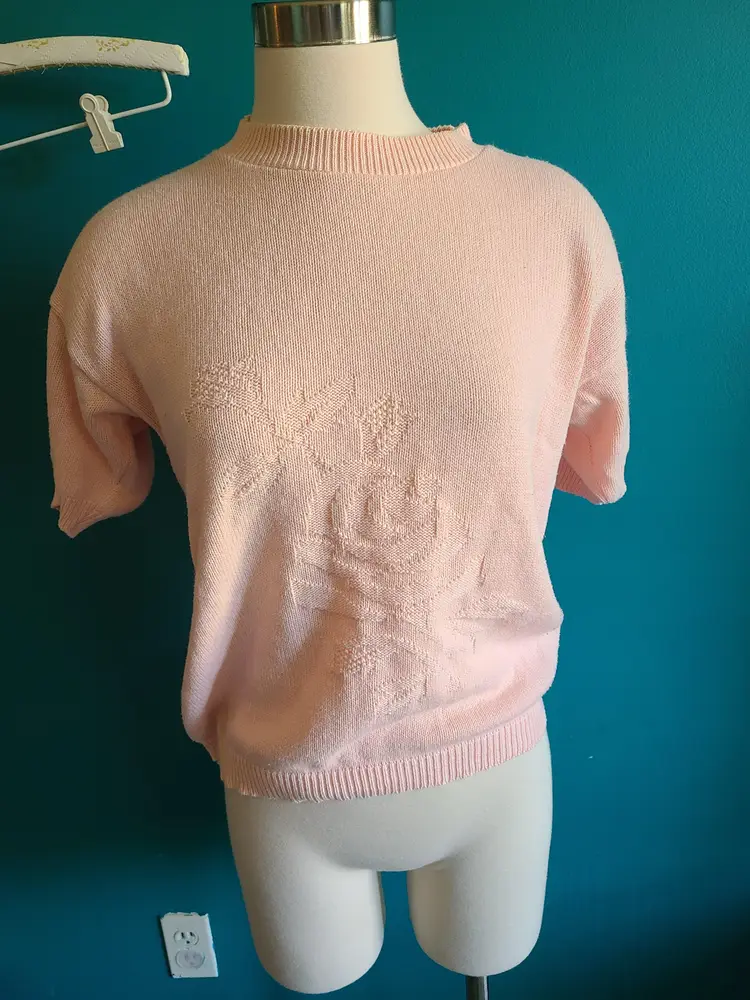 Womens vintage 80s 90s knit short sleeve top pink pastel size large floral grannycore cottagecore volup cotton blend