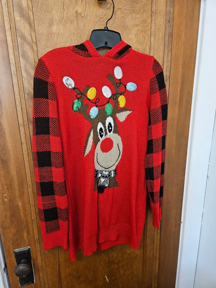 Ugly Christmas Sweater Rudolph Red Tartan, Lg 11-13, No Boundaries