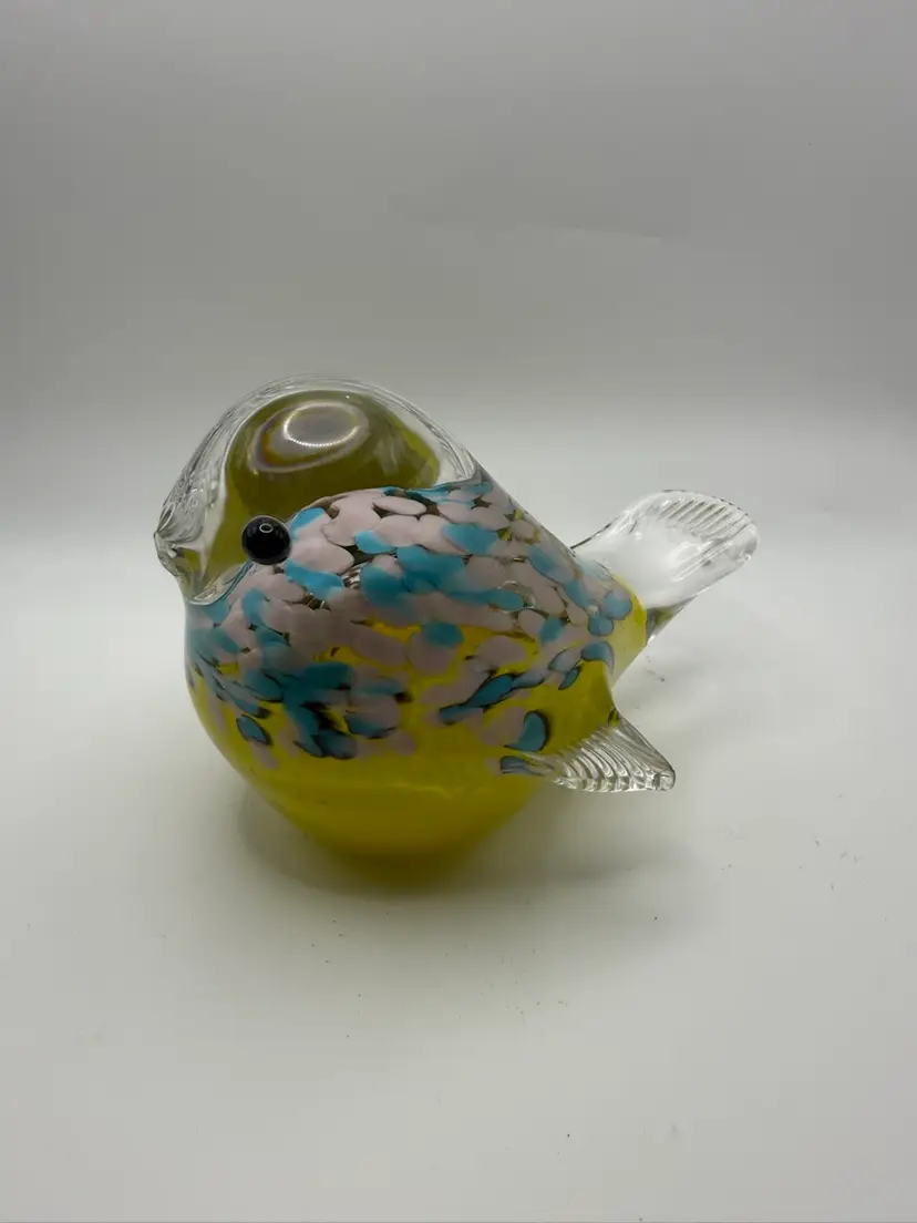 Hand-Blown Glass Bird Paperweight  With Yellow, Pink, and Blue Speckles