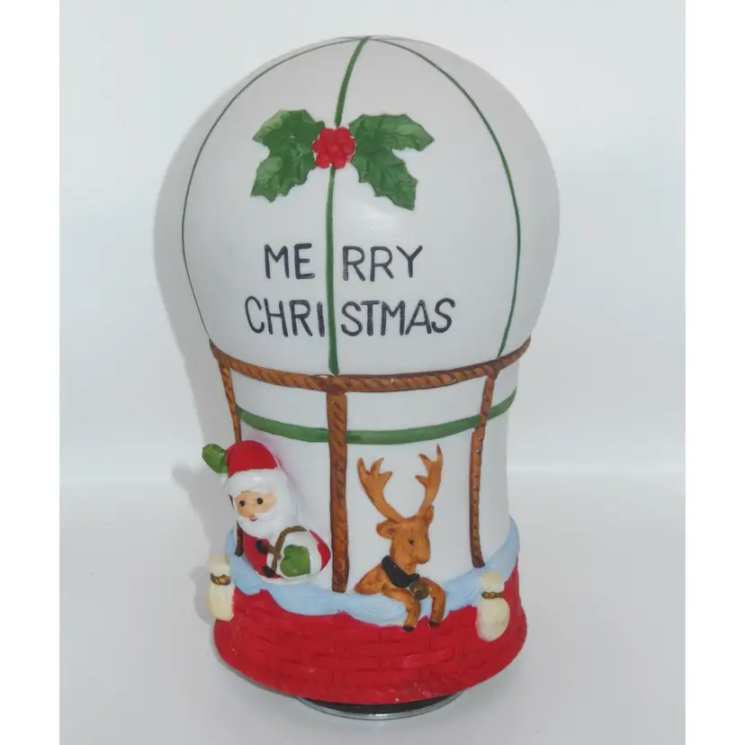 Vintage Revolving Ceramic Christmas Musical, Santa & Reindeer in Hot Air Balloon, By Lipper Mann, JAPAN. Scarce! WORKS!