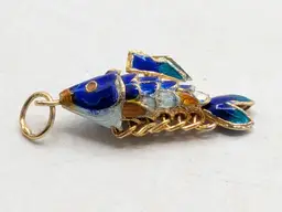 Vintage Gold Tone Enamel Cloisonne Articulated Fish Pendant