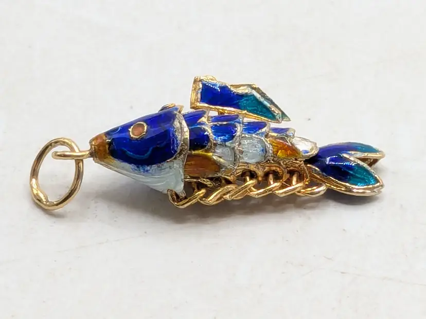 Vintage Gold Tone Enamel Cloisonne Articulated Fish Pendant