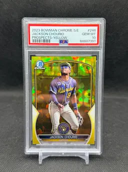Jackson Chourio 2023 Bowman Chrome Sapphire Prospects Yellow /50 PSA 10