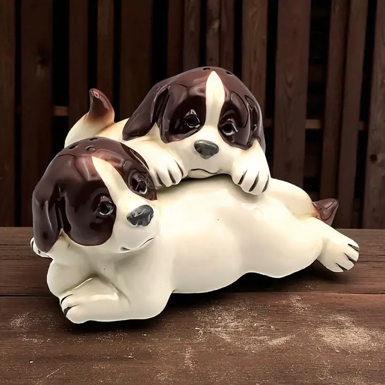 Vintage Quon Quon St. Bernard Cuddling Stacked Salt And Pepper Shakers Japan