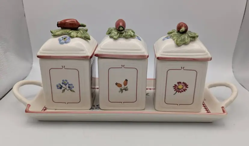 Villeroy & Boch Petite Fleur Country Charm Collection Set of 3 Jam Jars w/Tray