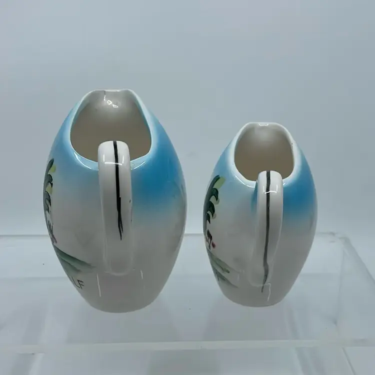 Vintage Kitsch Set Ceramic Half & Half And Cream Pitchers Hand Painted Roosters JAPAN