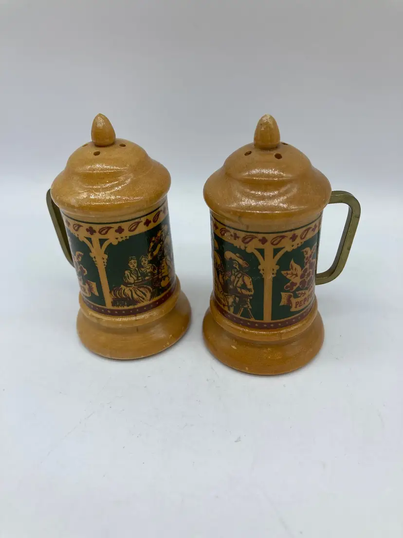 Vintage Wooden Salt & Pepper Shakers Tavern Scene Folk Art Mid Century Rustic