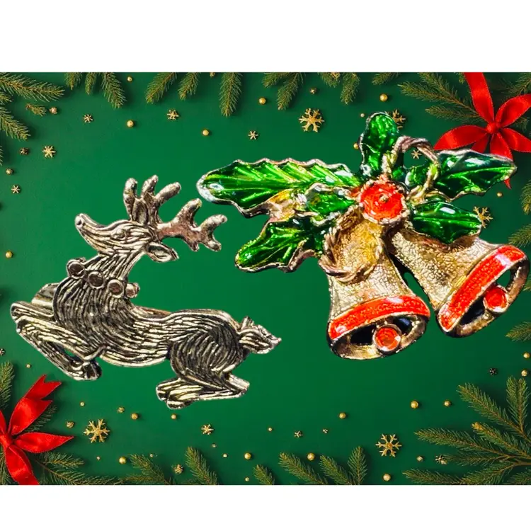 2 Christmas Scatter Pin Brooches - 1 Reindeer 1.25” x 1” - 1 Bells 1 5/8” x 1”