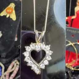 Sterling Silver CZ 1” x 3/4”Heart Pendant on a 18” Vintage Italian 925 Chain