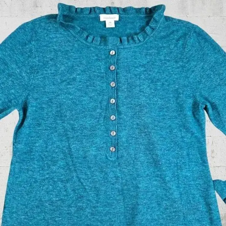 Sundance Kelly Green Ruffle Neck Womens Henley Button Sweater Size Medium Petite