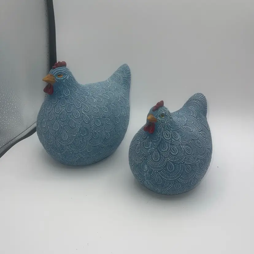 Resin Chickens Set Of 2 Blue And White Detailed