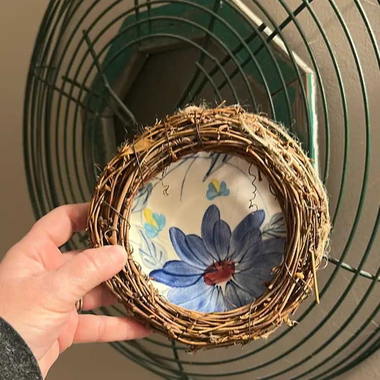 Adorable Upcycled Vine Wreath On Vintage Plate Saucer Butterfly Flowers Wall Art