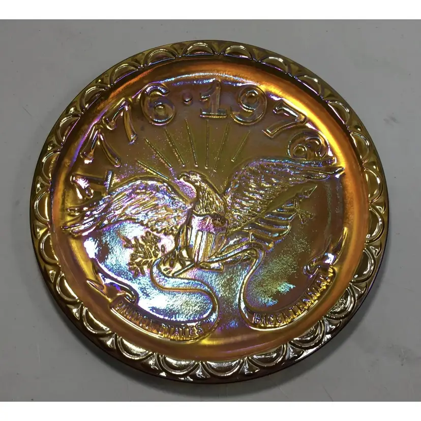 Vintage carnival glass, bicentennial plate, American eagle, marigold, 8"