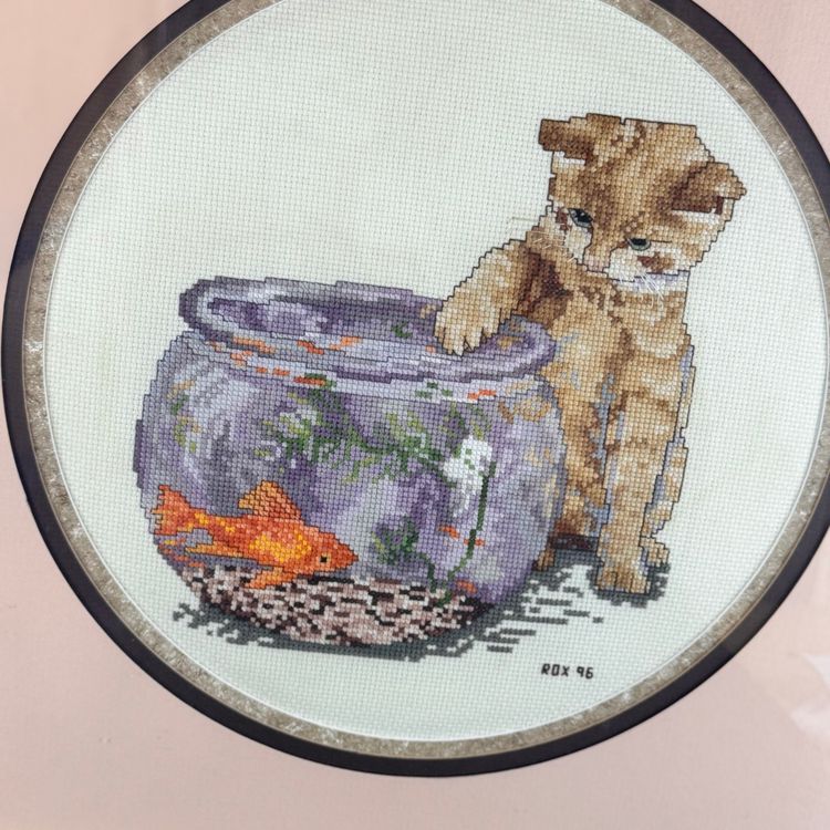 Handmade Cat And Fishbowl Framed Cross Stitch Wall Art 17x17