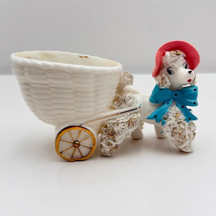 Norcrest Vintage White With Pink Hat Spaghetti Poodle With Cart Planter