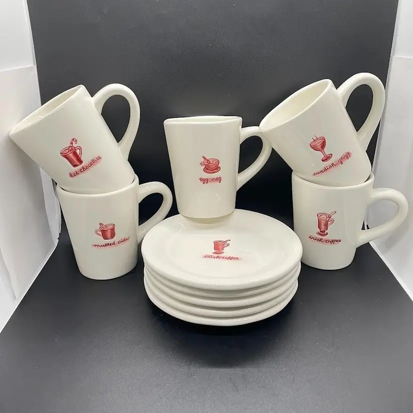 Williams Sonoma Holiday Hot Drinks Mugs & Saucer Snack Plates Christmas As Is