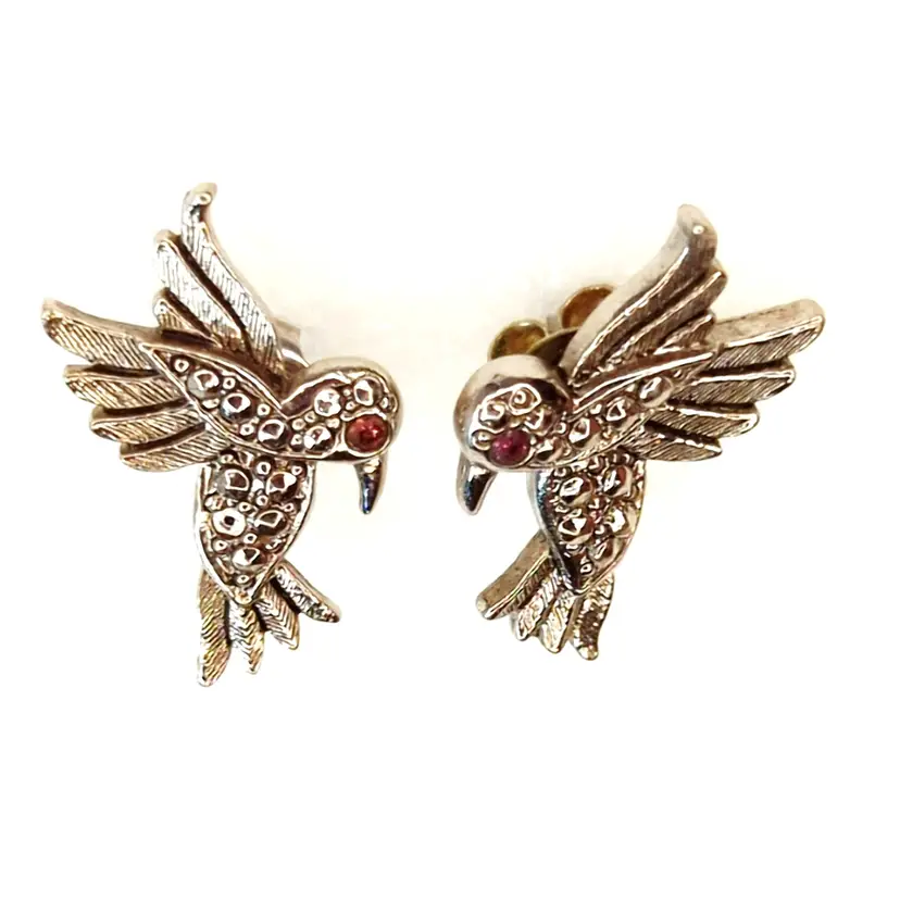 Vintage 90s Avon Rhinestone Hummingbird Stud Earrings Bird Purple Eyes