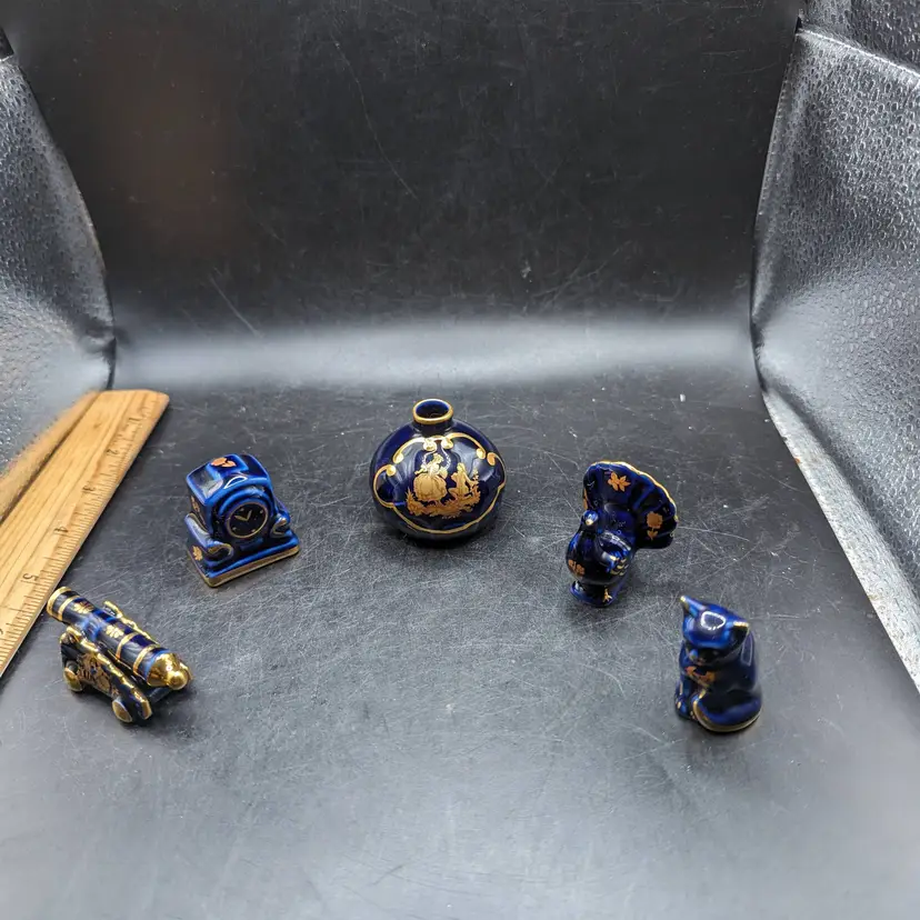 Vintage Lot of 5 Limoges France Cobalt Castel Doll House Miniatures Vase, Cannon, Clock, Cat and Peacock.