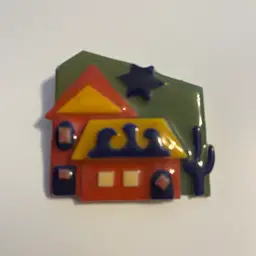 Vintage LUCINDA House Pin – Southwestern Scene Cactus Red House Star Accent 2"