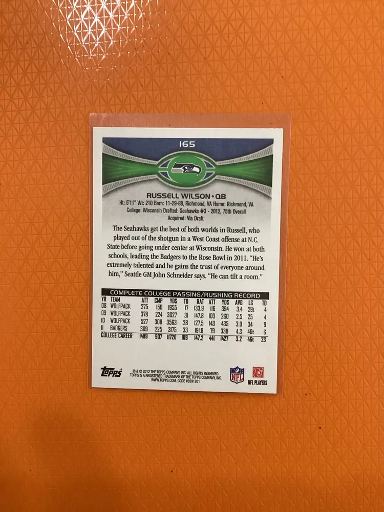 2012 Topps Russell Wilson Rookie Card Base #165 RC Seattle Seahawks