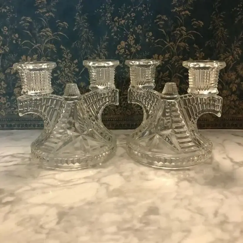 Set of 2 Art Deco Glass Candlesticks