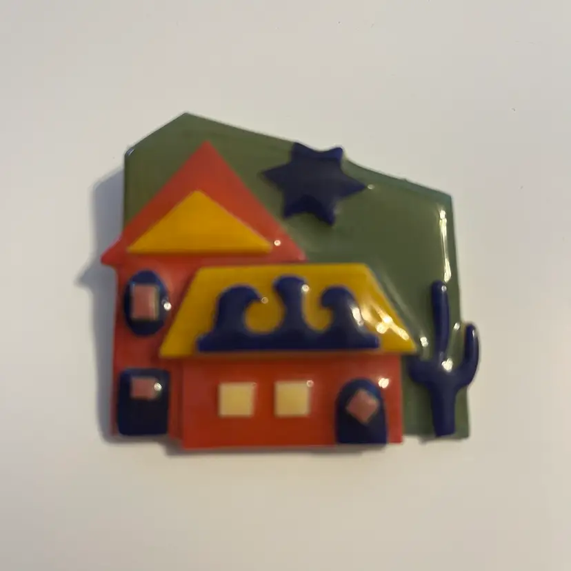 Vintage LUCINDA House Pin – Southwestern Scene Cactus Red House Star Accent 2"