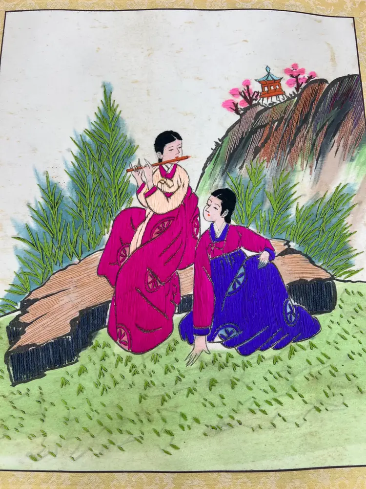Vintage Korean Silk Embroidery Hanbok Ladies With Flute Scenic Panel Textile Art