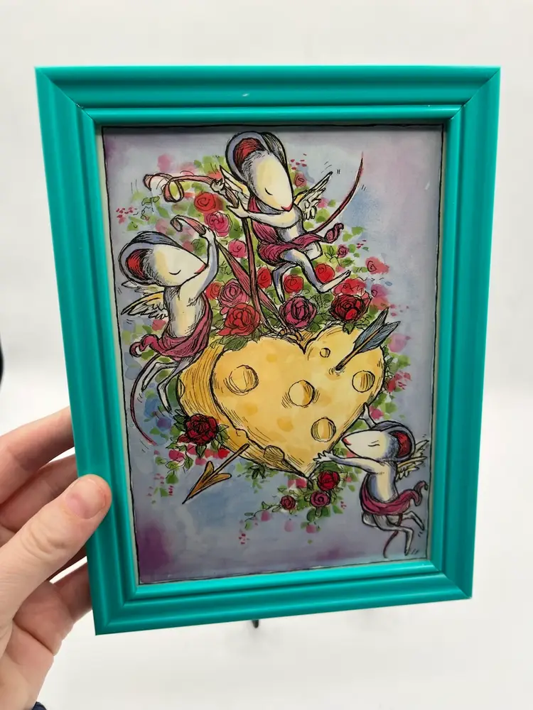 Mice Cupids And A Cheese Heart - Framed